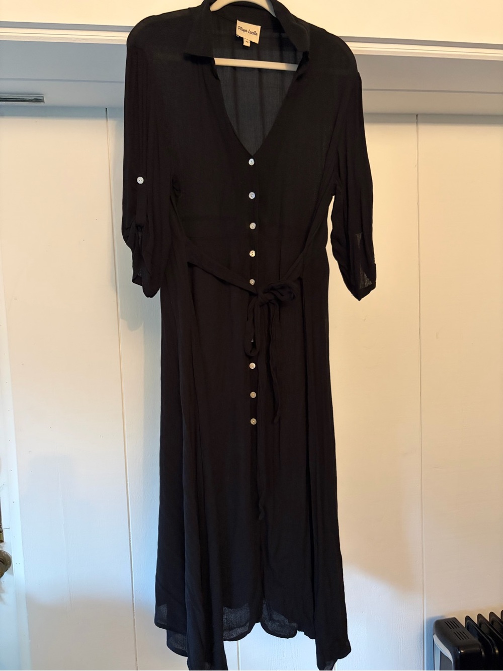 Classic Black Button-Front Midi Cover Up Dress with Tie Waist